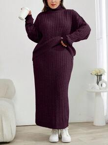 EURMUSE Cable Knit Turtleneck Sweater And Skirt Two Pieces Set