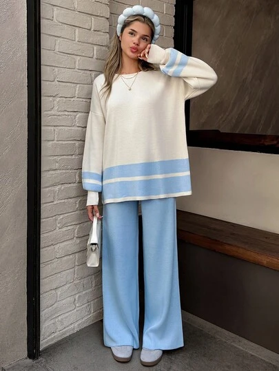 EURMUSE Two-Tone Soft Knit Loungewear Set Featuring Wide-Leg Sky Blue Pants And Cream Sweater With Sky Blue Striped Accents – Cozy And Chic For Everyday Comfort 2 Piece Pants Set Women Two Piece Set Women 2 Piece Casual Set Women Wide Leg Pants Set Women Comfortable Two Piece Set Women Sweater Pants Set Women Womens Knit Set,Winter Clothes