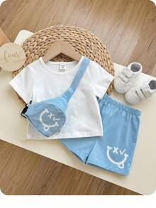 Baby Boy Unisex Round Neck Plain T-Shirt, Cartoon Pattern Backpack And Shorts 3pcs/Set - Blue and White - View 1