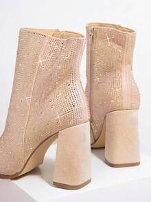 SHUZIA 水鑽裝飾方頭粗跟踝靴 - 杏色 - 查看 2