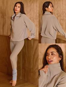 GLOWMODE 莫代尔舒适超柔软光滑宽松剪裁轮廓接缝可调节下摆拉链口袋半拉链套头衫日常休闲装