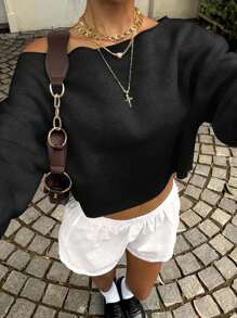 SHEIN EZwear 女士不对称肩部短款卫衣，适合健身、舞蹈、秋冬季穿着，宽松圆领长袖加厚休闲卫衣 - 黑色 - 查看 3