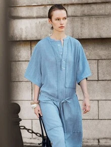 Lumivelle Women's Casual Everyday Simple Solid Color Half-Button Front Tie Waist Loose Dress, Summer All White Summer Dress Clothes For University - Blue - View 5