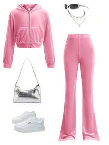SHEIN Tween Girl Velvet Rhinestone Pocket Hooded Zip-Up Sweatshirt & Flared Pants Casual Elegant 2 Pieces Set, Pink Tween Set, Girls Lounge Set, Girls Bell Bottom Set, Pink 2 Piece Set Fall Winter - Baby Pink - View 3
