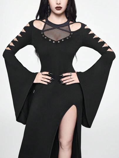 Goth Halloween Women Dress Dark Party Hollow Fishnet Flare Sleeve Dress For Women
