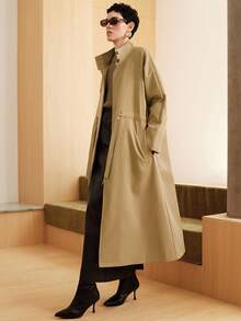 Uhlyne 法国欧式高端时尚休闲宽松中长款立领抽绳插肩袖法式优雅百搭风衣 - 卡其色 - 查看 5