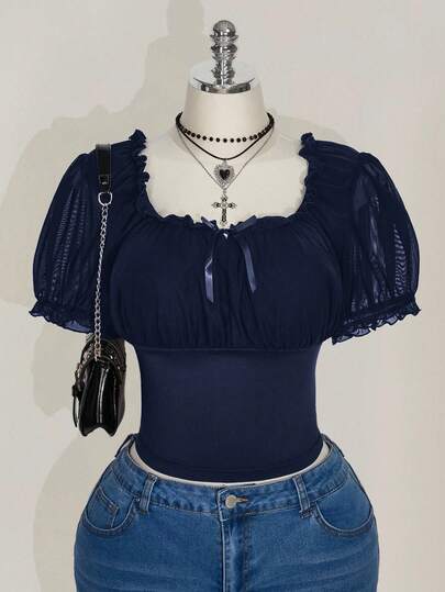 SHEIN ICON Plus Size Square Neck Ruffle Trim Mesh Puff Sleeve T-Shirt, Sweet Summer T-Shirt, Summer Vacation Dark Blue Top
