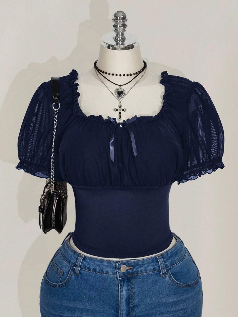 SHEIN ICON Plus Size Square Neck Ruffle Trim Mesh Puff Sleeve T-Shirt, Sweet Summer T-Shirt, Summer Vacation Dark Blue Top - Navy Blue - View 1