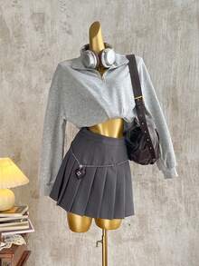 Attitoon 休闲复古风格学院风美式复古灰色宽松半拉链高领女式运动衫，适合秋冬季，复古风格，性感风格，可爱，Y2K，波西米亚风，嬉皮风格，音乐节，朋克风格，Y2K，原宿风格，性感宝贝，哥特式 - 灰色 - 查看 4