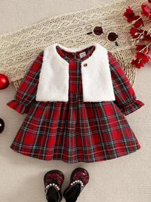 Souflis Souflis 2pcs Baby Girls Christmas Outfit: Plush Vest Jacket + Plaid Dress. Thermal Lined Jacket Vest Top Paired With Round Neck Long Sleeve Plaid Red Dress Skirt, Suitable For Daily Outings Or Christmas Holiday In Autumn/Winter Fall - Red - View 3