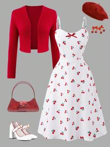 Sparklyn Set de 2 piezas de niña adolescente con cárdigan de punto rojo y vestido, adecuado para estilo de vacaciones, con estampado floral de flores de cerezo - Rojo - Ver 1