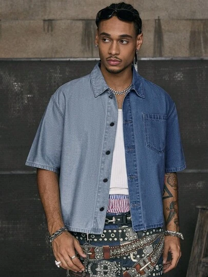 AXEPEAK Camisa casual de manga corta con contraste de color lavado para hombres, chaqueta con cuello de manga corta y estilo elegante