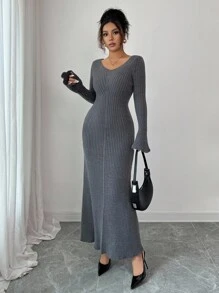 Selianne Women's V-Neck Flare Sleeve Ribbed Fitted Elegant Commuter Knit Dress, Autumn/Winter Fall Cloth For Women - Grey - View 5