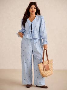 Elaquor Plus Size Women Casual Striped Bow Print Tie Front Top & Pants 2 Pieces Set - Blue - View 3
