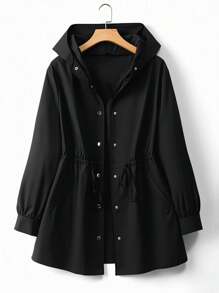 EMERY ROSE Plus Size Women Casual Hooded Cinched Waist Pocket Long Sleeve Windbreaker Jacket Fall Winter Cloth For Women Autumn - Black - View 1