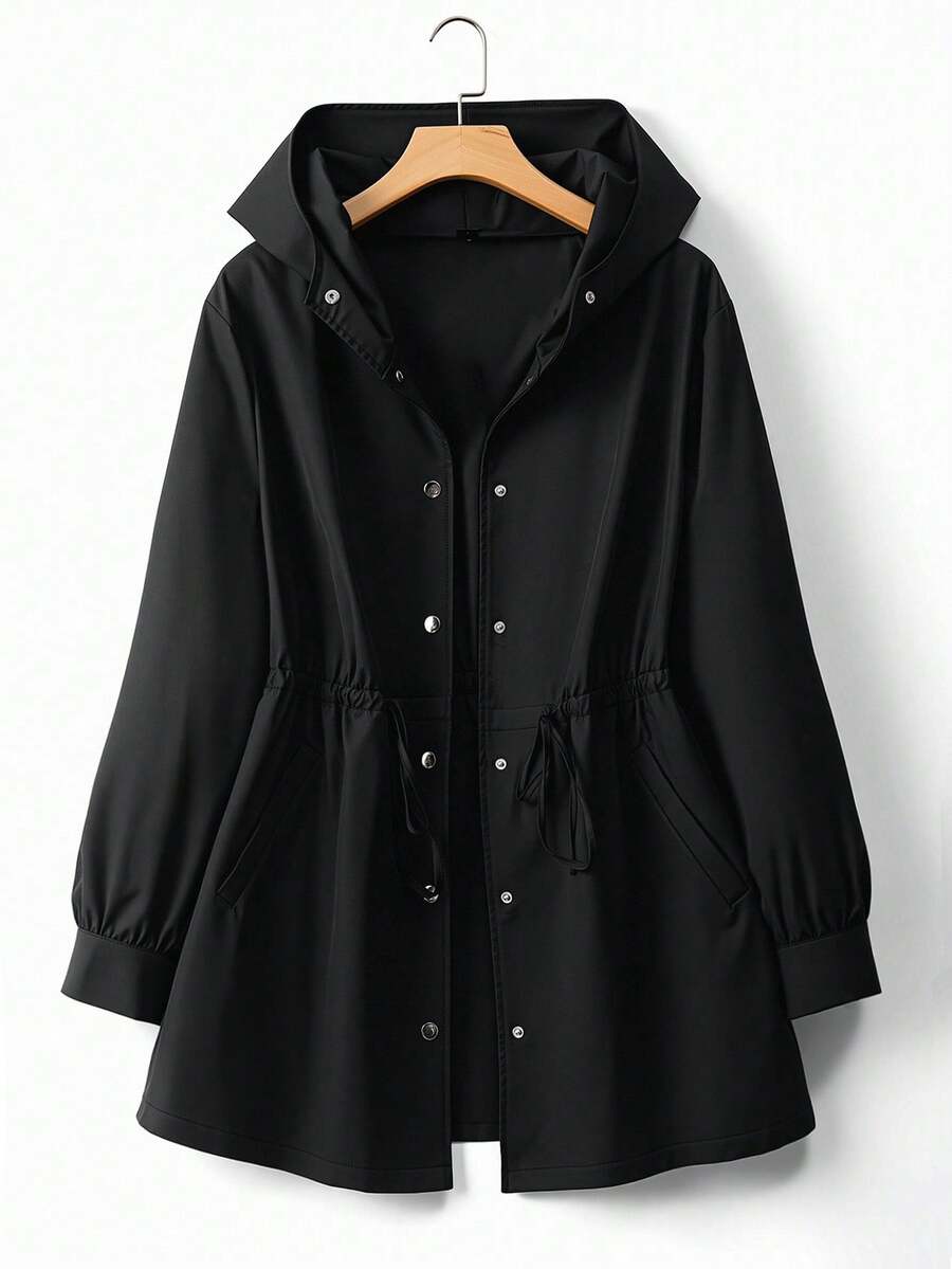 EMERY ROSE Plus Size Women Casual Hooded Cinched Waist Pocket Long Sleeve Windbreaker Jacket Fall Winter Cloth For Women Autumn - Black - View 1