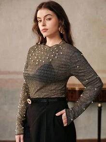 Anewsta Women Plus Size Round Neck Metallic Sheen Knit Fitted Elegant Pearl Embellished Top - Black - View 3