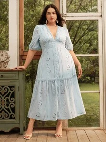 Anewsta Summer New Design V-Neck Hollow Out Embroidery Solid Color Puff Sleeve Plus Size Dress - Baby Blue - View 3