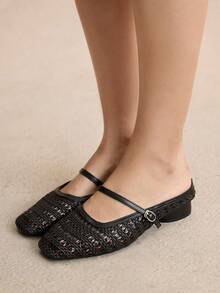 Rosivie Women's Woven Square Toe Chunky Heel Slide Sandals - Black - View 3