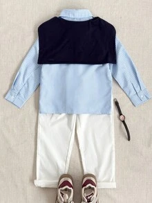 PrepCrw 男童学院风蓝色条纹衬衫和斗篷套装 - 藍白色 - 查看 2