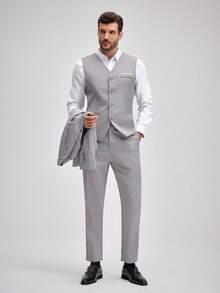 Officeau 男士春秋季百搭休闲西装三件套，包含西装外套、西裤和马甲，正式商务经典西装搭配西裤，春夏皆宜 - 灰色 - 查看 1