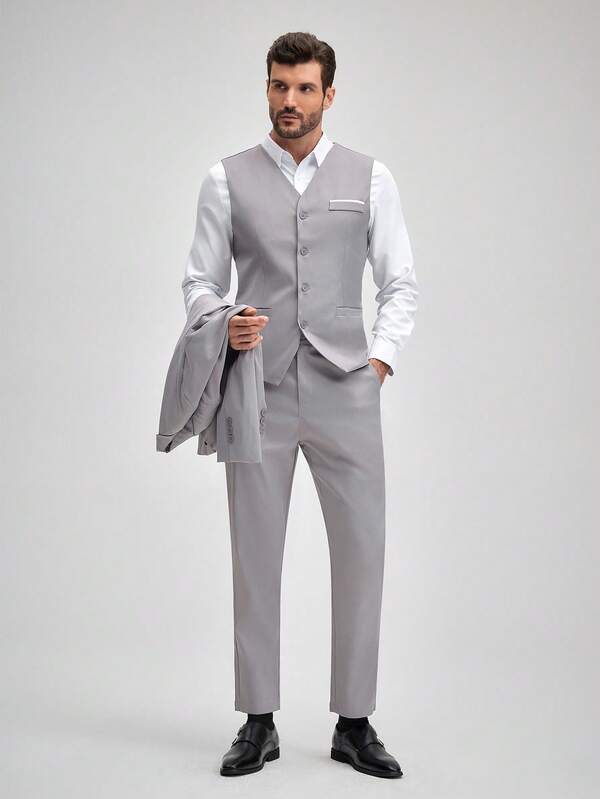 Officeau 男士春秋季百搭休闲西装三件套，包含西装外套、西裤和马甲，正式商务经典西装搭配西裤，春夏皆宜