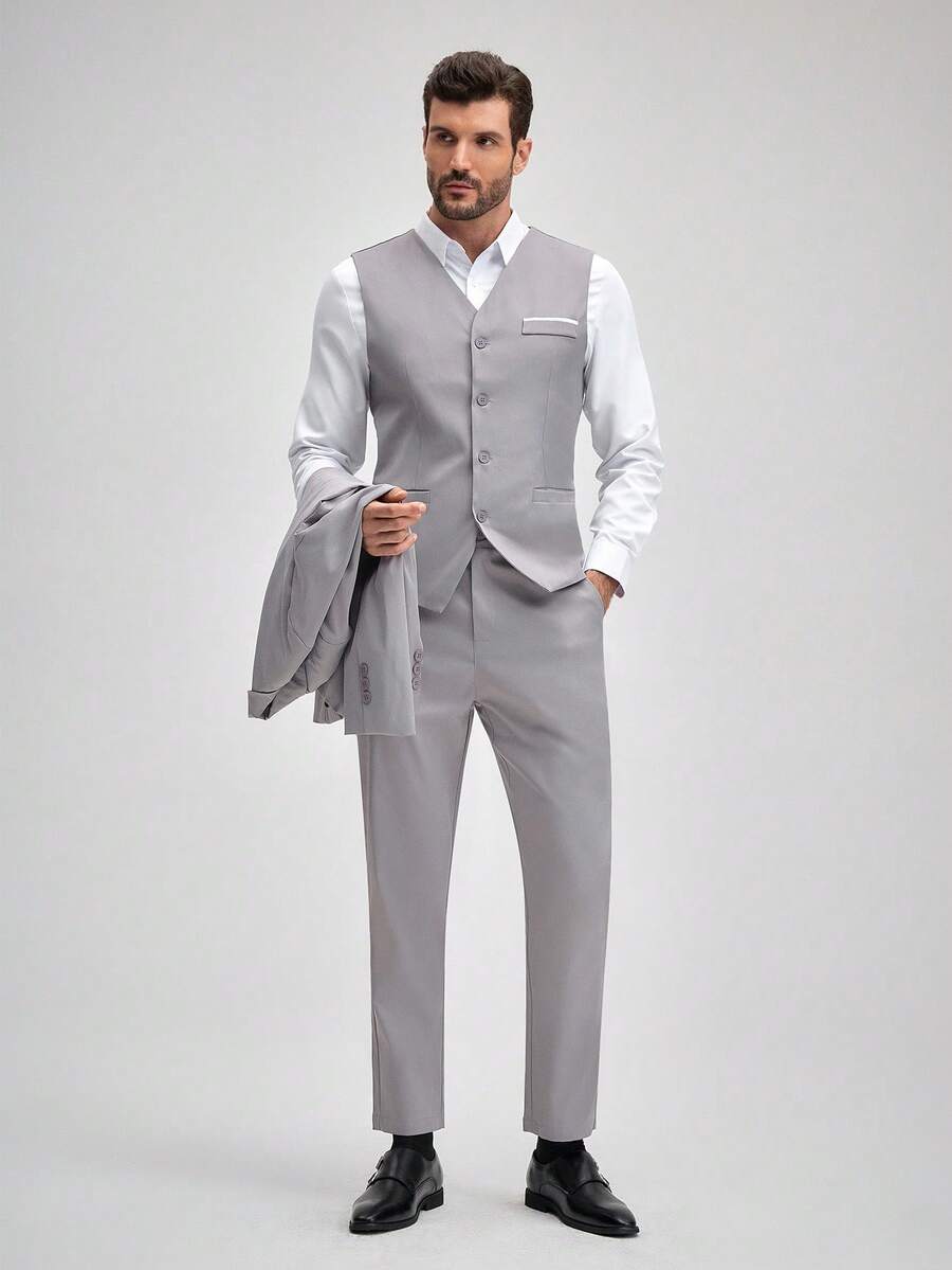 Officeau 男士春秋季百搭休闲西装三件套，包含西装外套、西裤和马甲，正式商务经典西装搭配西裤，春夏皆宜 - 灰色 - 查看 1