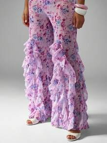 MISSGUIDED Elegant Floral Printed Chiffon Ruffle Flare Pants For Women High Waist Bell Bottom Pants Evening Party Wedding Guest Statement Trousers - Pink - View 4