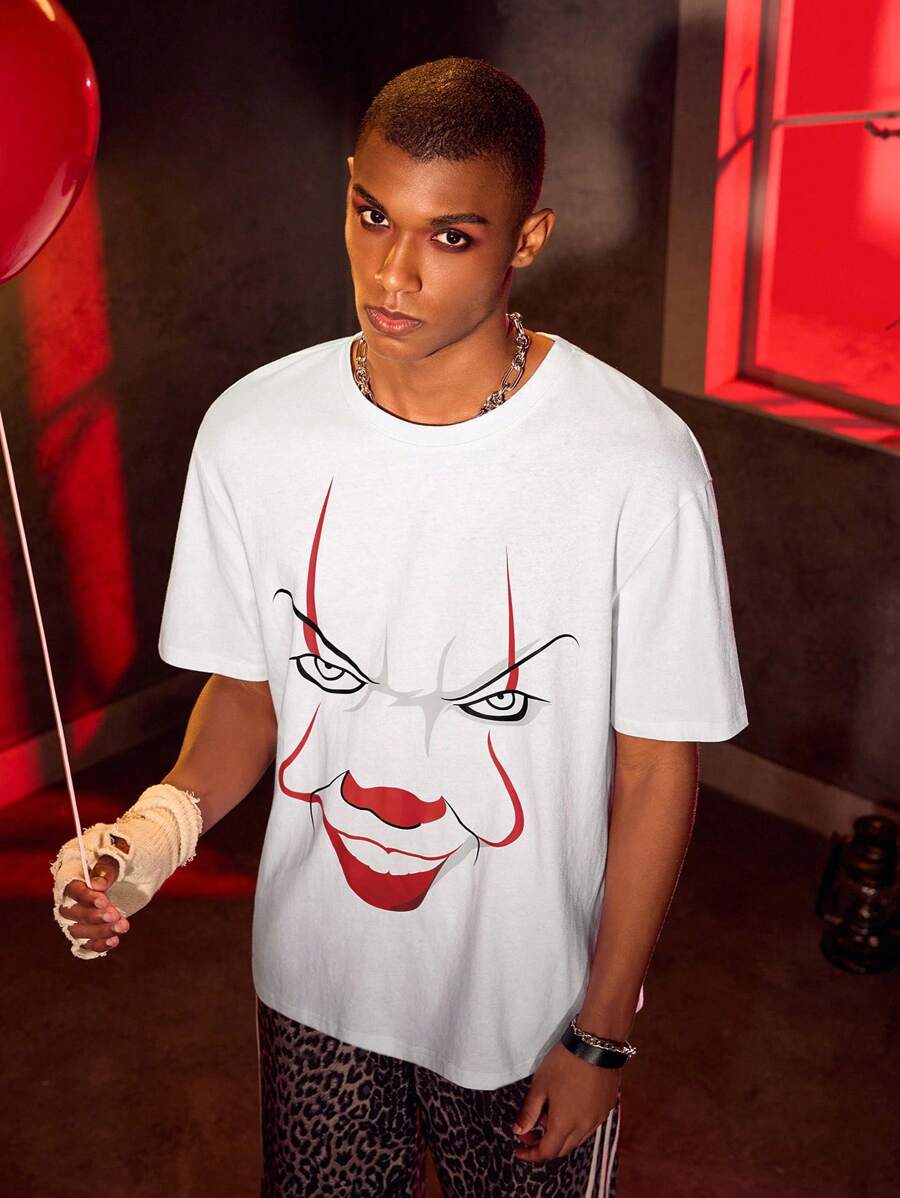 IT x SHEIN Áo thun nam tay ngắn in họa tiết kinh dị thời trang đường phố, mùa hè - trắng - Xem 1