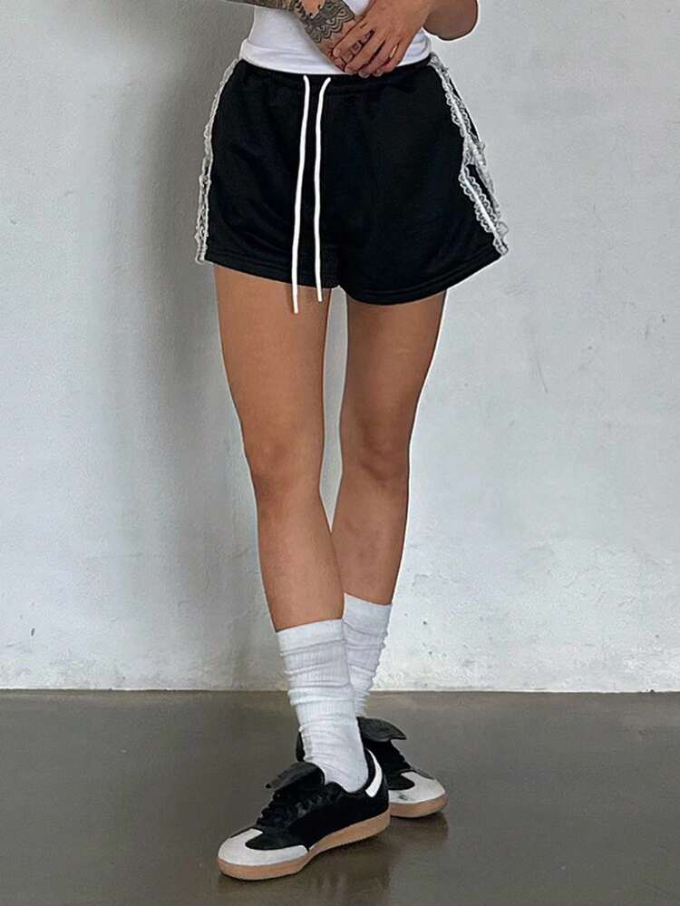 Women's Summer Elastic Waist Drawstring Lace Patchwork Loose Street Casual Shorts