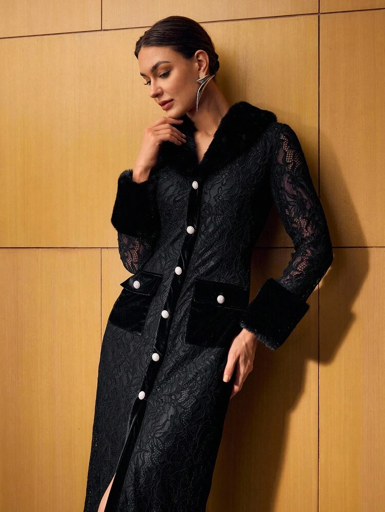 LACE CONTRAST FAUX FUR BUTTON UP DRESS FOR AUTUMN & WINTER