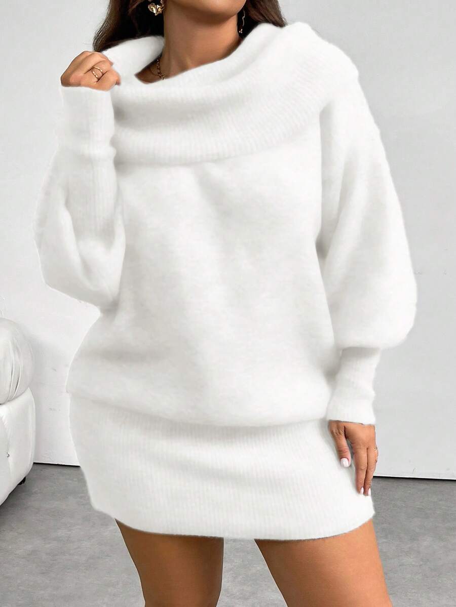 Firerie Plus Size Casual Versatile Y2K Style Off Shoulder Long Sleeve Sweater Dress, Comfortable For Commuting & Daily Wear, Retro Gray, Autumn/Winter - White - View 1
