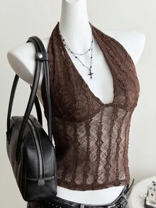SHEIN Unity Women's Casual Sexy Fitted Tie-Up Backless Crop Top, Summer - Brown - View 5