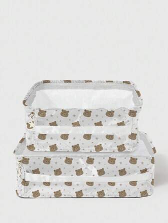 Kawaii 2 Pièces/ensemble Sac De Rangement Pliable Pour Vêtements De Voyage En Plein Air À Design De Tête D'ours Et De Star De Dessin Animé