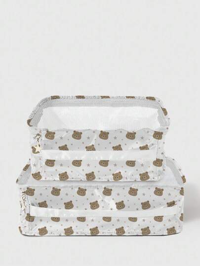 Kawaii 2 Pezzi/set Borsa Pieghevole Per Vestiti Da Viaggio All'aperto Con Design Cartoon Con Stelle E Testa D'orso