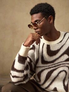 AKNOTIC Business Casual Men's Contrast Color Round Neck Drop Shoulder Casual Knit Cardigan Sweater , Fall Winter - Apricot - View 3