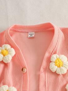 Young Girl Vacation Style Floral Decor Long Sleeve Cardigan Top And Flare Pants Set, Back To School Autumn/Winter - Pink - View 8
