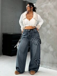 SHEIN CURVE+ 大码女式口袋心形磨边宽松休闲牛仔裤 - 深色水洗藍 - 查看 4