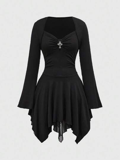 Goth Vestido mini asimétrico con decoración de cruz gótica, Halloween