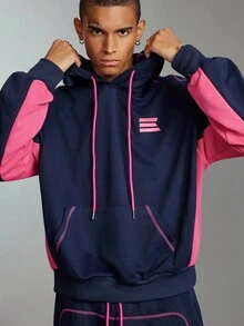 Prep Men's Contrast Color Casual Hoodie And Pants Set, Fall Clothes - Navy Blue - View 2