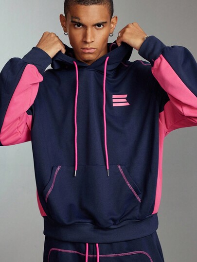 Street Life Men's Contrast Color Casual Hoodie And Pants Set, Fall Clothes