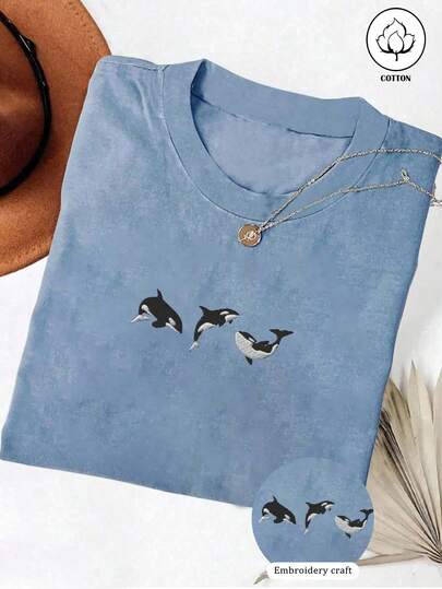 INAWLY Embroidered Orca Trio Comfortable Colorful T-Shirt, Unisex Orca T-Shirt, Whale Shirt, Orca Shirt, Shark Shirt, Ocean Creature Gift For Him/Her, Women Embroidered Graphic Tee