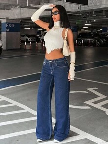 EURMUSE Raw Wash High Waist Casual Wide Leg Jeans Low Rise Jeans Y2k Jeans Flared Jeans - Dark Wash - View 1