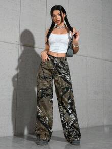 SHEIN ICON Quần jean ống rộng in họa tiết toàn bộ, thường ngày, đa năng - Nhiều màu - Xem 5