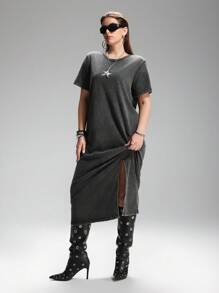 SHEIN EZwear Váy thun dài giặt axit cỡ lớn cỡ lớn Váy thun dài thường ngày - màu đen - Xem 7
