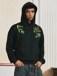 SWAVVY 男士休闲标准尺码连帽衫，长袖，前后刺绣，黑色连帽运动衫，适合秋冬 - 黑色 - 查看 2