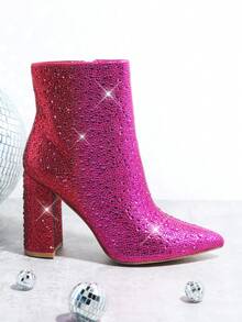 SHUZIA Faux Leather Pointy Toe Block Heel Ankle Booties - Red Violet - View 4