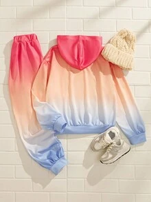 Explorewe Tween Girl Ombre Slogan Print Hoodie & Sweatpants Set - Multicolor - View 2