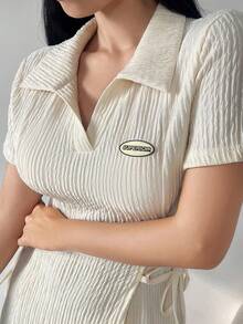 Modelyn Plus Size Polo Collar Textured Fabric Cinched Waist Cinched Waist Dress