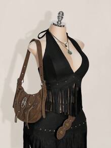 SHEIN ICON 大码 Y2K 复古牛仔波西米亚乡村音乐会度假嬉皮士西部风女装节日流苏下摆露背麂皮吊带背心，秋季度假，波西米亚黑色上衣，秋季 - 黑色 - 查看 5